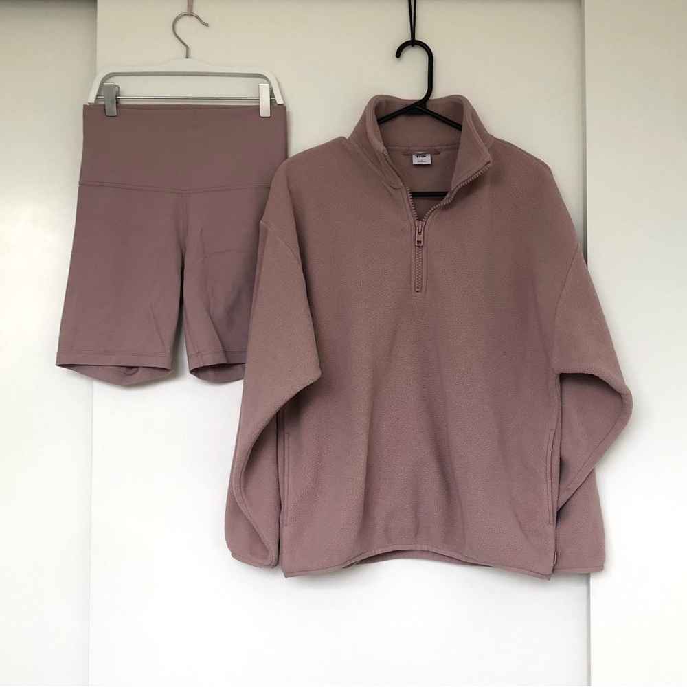 ARITZIA Mauve Quarter-Zip Fleece Pullover Sweater & Butter Shorts Set